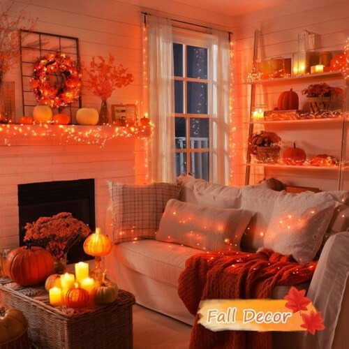 2 μπαταρίες LED με λαμπάκια Halloween για νεράιδες, 400 LED, πορτοκαλί σπάγκος 132 ποδιών, 8 1