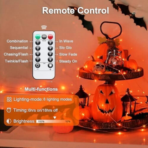 2 μπαταρίες LED με λαμπάκια Halloween για νεράιδες, 400 LED, πορτοκαλί σπάγκος 132 ποδιών, 8 2