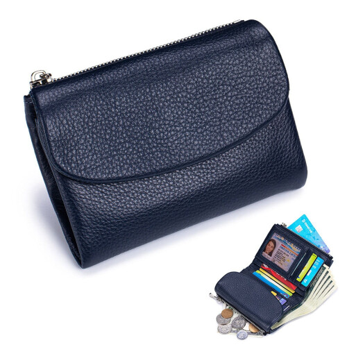Bolsa feminina de couro com proteção RFID azul-escura 1