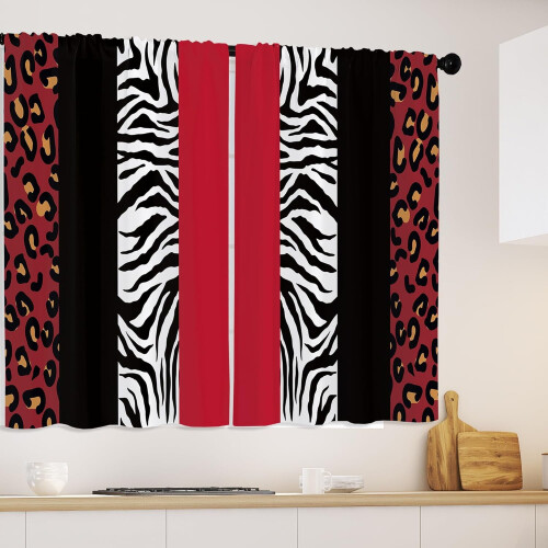 Leopard Print Kitchen Curtains Red Black 27.5x36 in 2