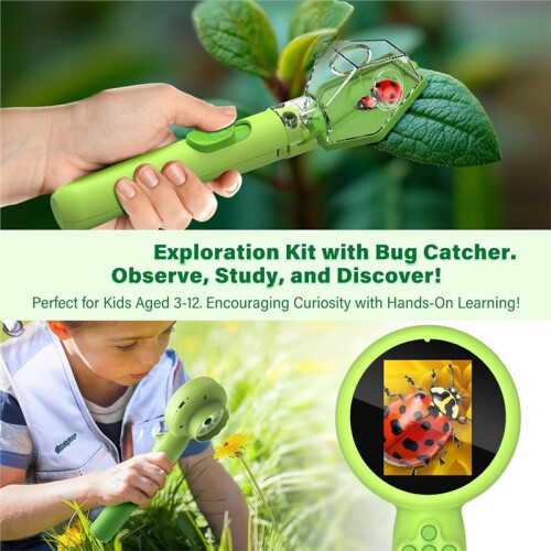 Kids Microscope with Bug Catcher Kit,1080P Digital  Handheld Microscope STEM Science Toy with LED Light Green 1