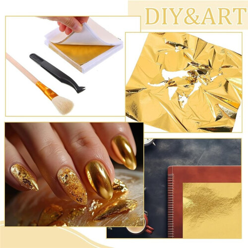 Conjunto de 400 Folhas de Ouro Imitação de 3,5 Polegadas, com Pincel e Alicate para Pintura e Douramento Dourado 2