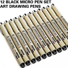 Painting Art Pens: 12 Black Fine  Waterproof Ink Set Art Supplies Markers Drawing Sketch Anime Watercolor