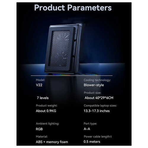 V22 Laptop Cooler com Carregamento USB e Luz RGB para Laptops Gamer de 13,3 A 17,3 Polegadas, com Ajuste de Altura em 7 Polegadas 1