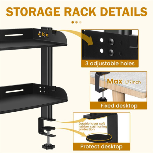 2 Tiers Clamp- Desk Shelf No Drill Desk Organizer Rack Space Saving Adjustable Metal Computer Desktop Clamp 2