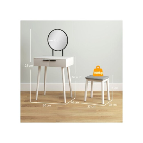 Dressing table with mirror and stool, vanity set featuring two drawers, dimensions 60 x 40 x 123 centimetres, white 1