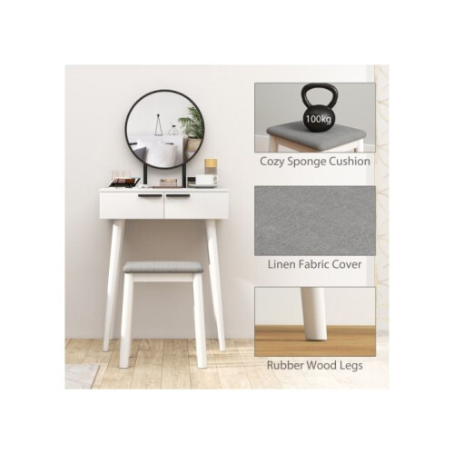 Dressing table with mirror and stool, vanity set featuring two drawers, dimensions 60 x 40 x 123 centimetres, white 2