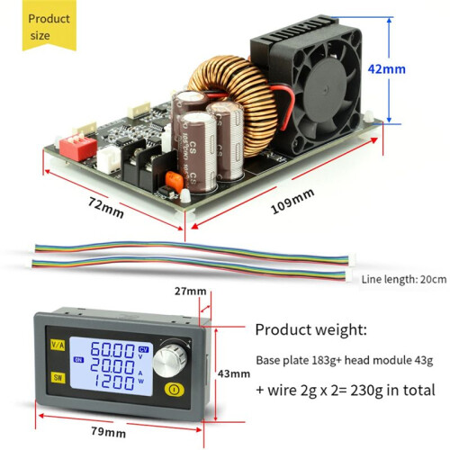1200W  CNC Antihypertensive Boost Converter 6-70V Adjustable Power Supply Input Constant Voltage Solar Charging Module 2