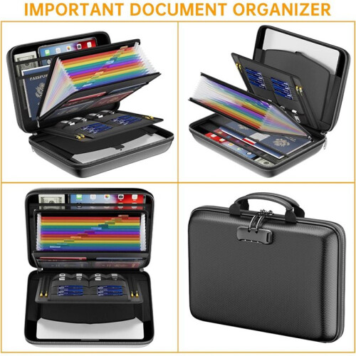 2X Fireproof File Organizer with Lock, Hard-Shell Case Fireproof Document Box with 13 Accordion File Folder 2