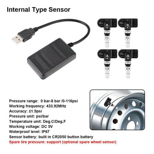2X Bil TPMS Däcktrycksövervakningssystem USB Android Navigation Däcktrycksdetektering Intern Däcktryckssensor 1