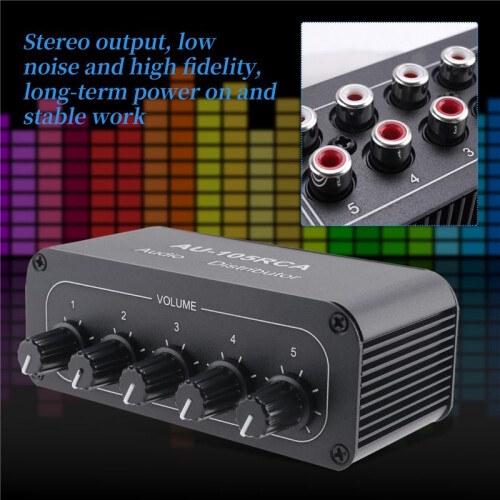 Stereo Audio Mixer 1 Input 5 Output Multi-Channel Audio Source Distributor RCA Interface for Power Amplifiers 2