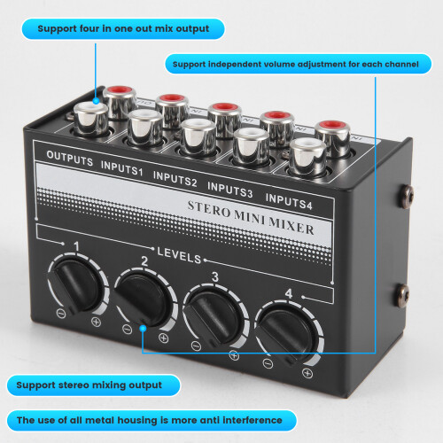 4 Channel Stereo Audio Mixer Support RCA Input and Output  Passive Stereo Mixer with Separate Volume Controls 2