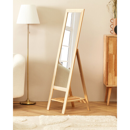 Beliani Standing Mirror with Shelf LUISANT 145 cm Pine Wood Light Brown 2