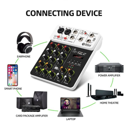 Debra V4 Audio Interface Mixing Console  USB Record PC 48V Phantom Power Delay 4 Channels USB Audio Mixer EU Plug 2