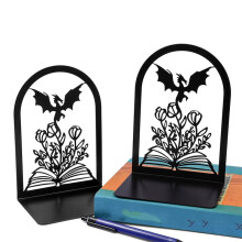 Fourth Wing Dragon & Floral Metal Bookends Book-Shaped Shelf Stoppers, Non-Slip Fantasy Decor