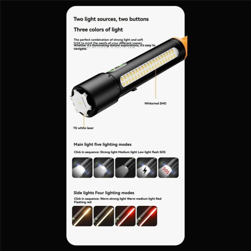 Zoom Flashlight 3500mAh Battery Type-C Charging with Side Light Multifunctional Strong Light Camping 2