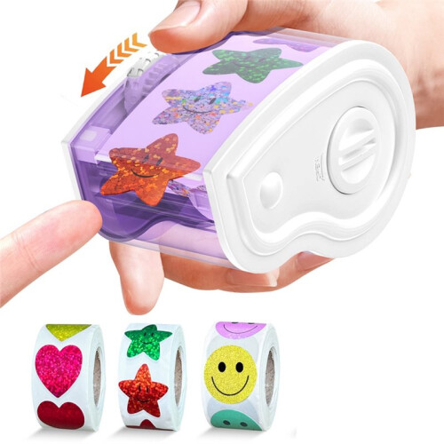 Dispensador Manual de Adesivos para Rolos de 1 A 1,5 Polegadas com 1500 Adesivos para Recompensar Crianças, Decorar Presentes, Cor Roxa. 1