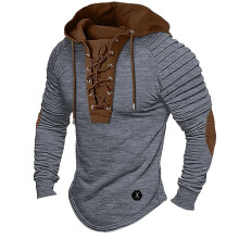 Men's Pullover Hoodie Vintage Colour Block LaceUp Medieval Style Oversized Warm XL Gray