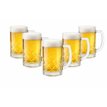6x Glass Beer Mugs 400ml Heavy Tankard Glasses with Handle Diamond Cut