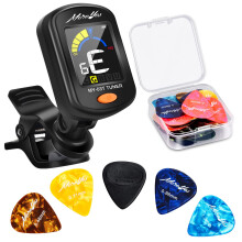 MOREYES Professional Guitar Tuner Clip On with 28Pcs Guitar Picks, Guitar Tuner for Acoustic Guitar, Electric Guitar, Bass, Ukulele & Chromatic Tunin
