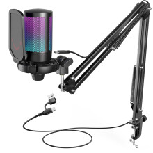 FIFINE USB Gaming Microphone Kit for PC PS5, Computer Condenser Microphone with RGB, Quick Mute, Gain Control, Boom Arm Stand, Shock Mount, Pop Filte