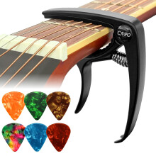 Guitar Capo with 6 Picks and Pouch, Premium Metal Quick Release Trigger Capo for Acoustic, Electric Guitars, Bass and Ukulele (Black)
