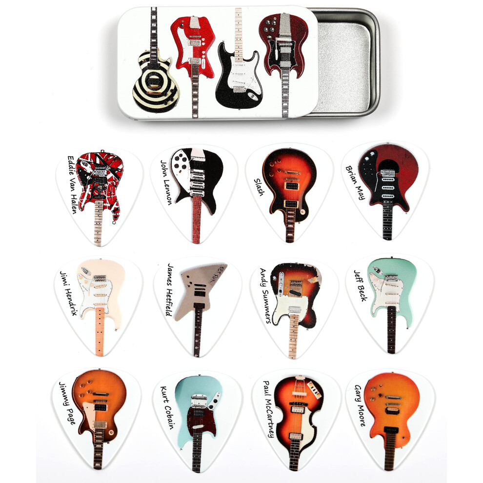 Harmony Picks Tin Of 12 Guitar Plectrums Featuring 24 Famous Guitars