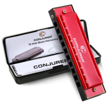 CONJURER 10 Hole C Key Diatonic Blues Harmonica, Metal Mouth Organ Red
