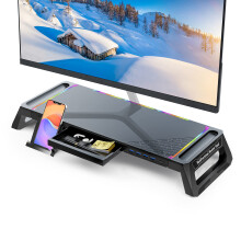 MOOJAY Monitor Stand for Desk RGB Gaming Lights with 4 USB 3.0 Hub, Foldable Computer Screen Riser with Storage Drawer and Phone Holder, Desk Organiz