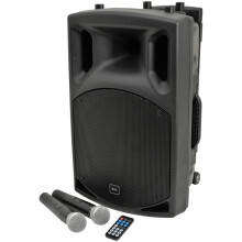 QTX Portable PA Speaker, PA System Portable with Wireless Microphones, Bluetooth 15" Active Speaker, Rechargeable Battery, Trolley Handle for Party,