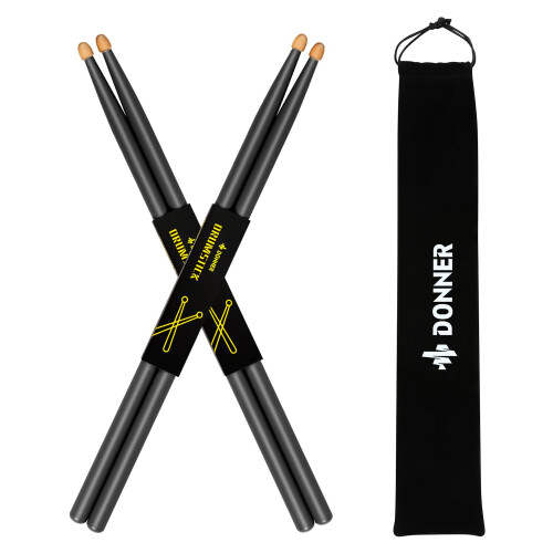 Donner 5A Drum Sticks Maple Wood Drumsticks 2 Pair with Carrying Bag-Black