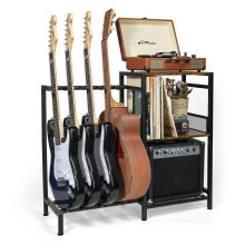 ikkle Guitar Stand Multiple Guitars with Vinyl Record Storage Cabinet Holder, Guitar Floor Holder with 3-Tier Storage Shelf for Acoustic, Bass, Elect