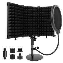 Rigych Microphone Isolation Shield with Pop Filter and Mic Stand, Sound Proof Mic Isolation Shield, High Density Absorbent Foam Microphone Stand for