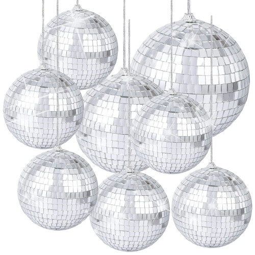 8Pcs Silver Mirror Disco Balls Set for Party Decor (6", 4", 2.3")