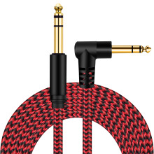 1/4 Inch TRS Instrument Cable 20Ft Red,BELIPRO 6.35mm TRS to 6.35mm TRS Stereo Audio Cable Male to Male Right-Angle-to-Straight for Electric Guitar,