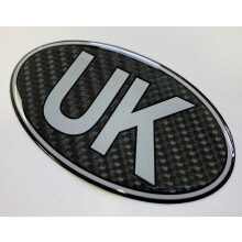 UK Car Oval 75mm CARBON FIBRE EFFECT Sticker/Decal - Retro - GLOSS DOMED GEL FINISH - Silver text on Carbon Fibre Effect Background