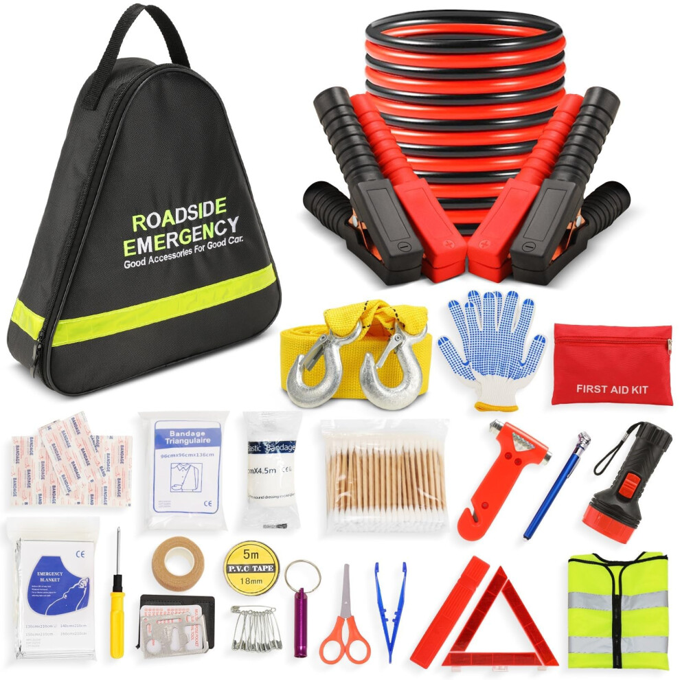 Emergency Breakdown Kit, 76 In 1 Multifunctional Roadside Assistance Car Breakdown Kit With Jumper Cables, Tow Rope, Triangle, Flashlight, Safety Hamm 194349001092