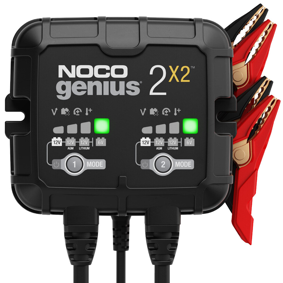 Noco Genius2x2: 4A 2-Bank Smart Battery Charger (2A/Bank) - 6V/12V Automatic Maintainer, Trickle Charger & Desulfator With Overcha