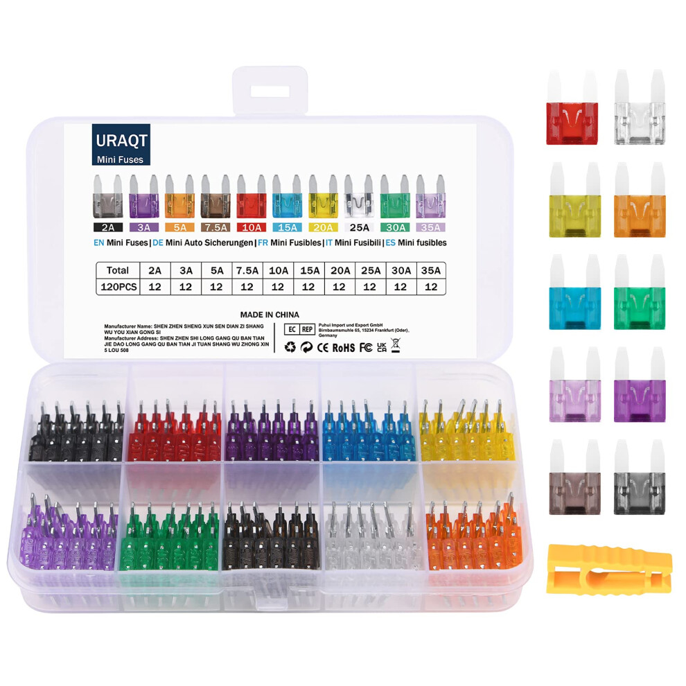Uraqt Auto Fuse, 120Pcs Auto Car Mini Standard Blade Fuses Replacement Kit, Auto Cars Mini Standard Micro Fuses With Storage Case And Fuse Clip, 10 T 5003194604493