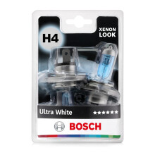 Bosch H4 (472) Ultra White Halogen Headlight Bulbs, 12 V 60/55 W, Modern White LED Look - Socket Type P43t - Pack of 2 Replacement Car Light Bulbs