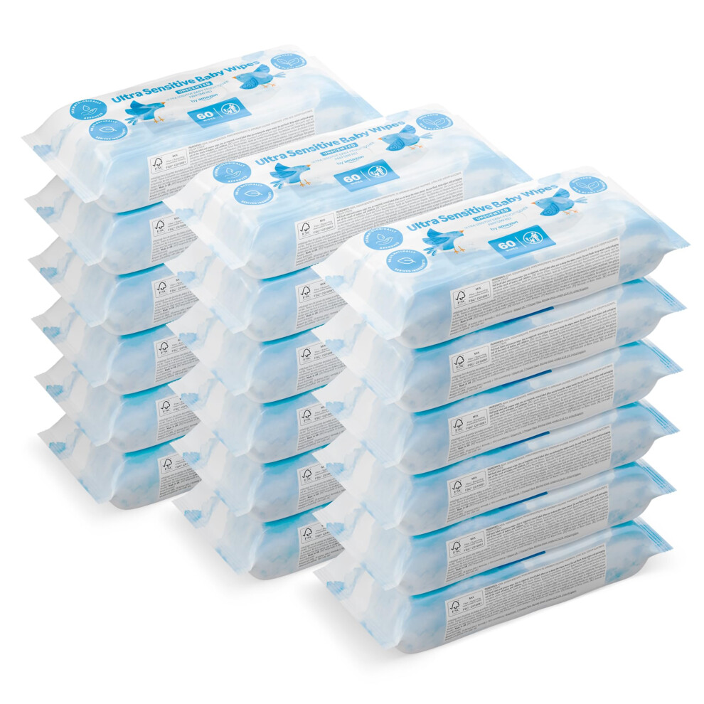 By Amazon Ultra Sensitive Baby Wipes, 99% Water, 1080 Wipes, Unscented, 18 Pack Of 60