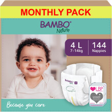 Bambo Nature Premium Eco Nappies, Size 4 (15-31lb/7-14 kg), Maxi, 144PK, Eco-Labelled Nappies, Enhanced Leakage Protection