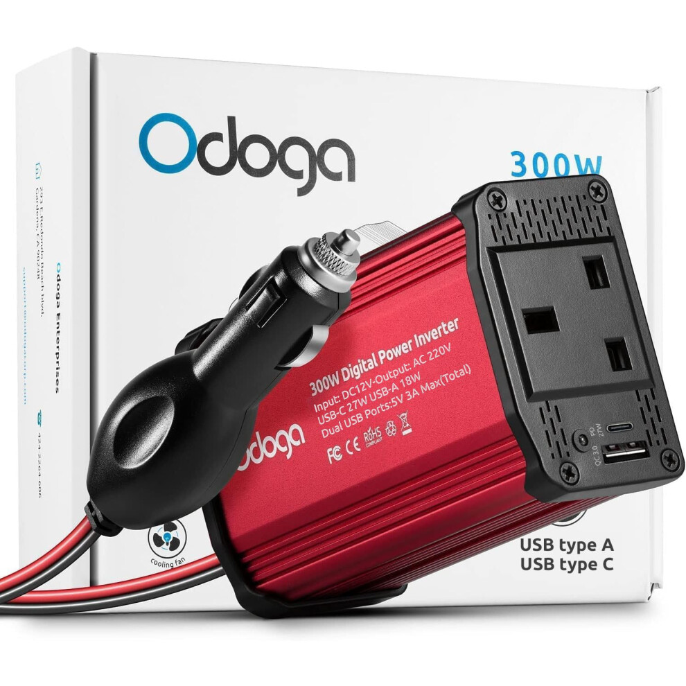 Odoga 300W Car Power Inverter 12V To 240V / 230V Converter, Usb-A And Usb-C 3A Charging Ports - Charge Your Laptop, Ipad, Iphone, Tablet 5051227319326