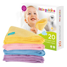 Little Gubbins 20 Reusable Baby Wipes + Free Laundry Bag | Soft 20x20cm Washable