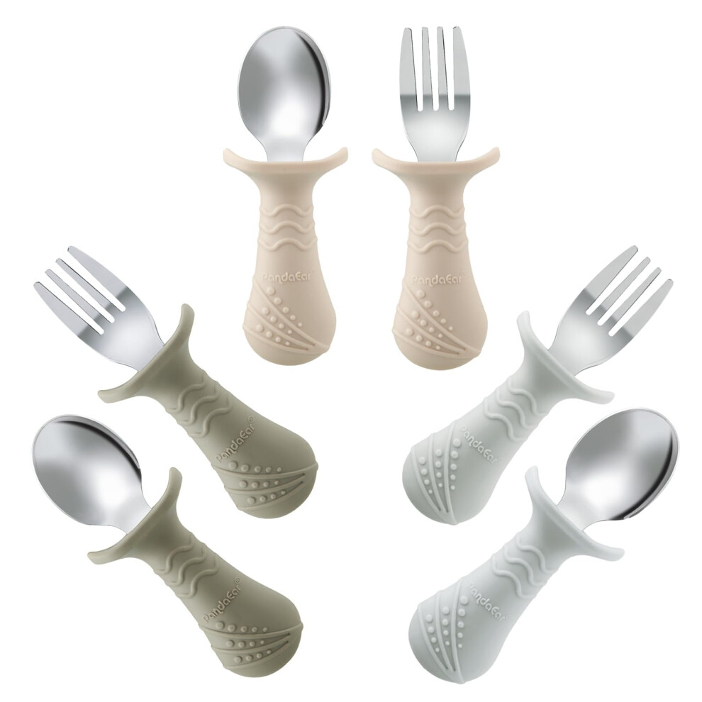 Pandaear Baby Toddler Cutlery Set, 6 Pack Kids Fork And Spoon Set, Silicone Stainless Steel Childrens Cutlery Set, Silverware Spoon And Fork Set With