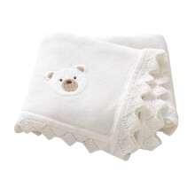 DovFanny Cotton Cellular Baby Blanket Knitted Soft Blanket for Newbron Baby Boy and Girls with Lovely Embroidery Bear