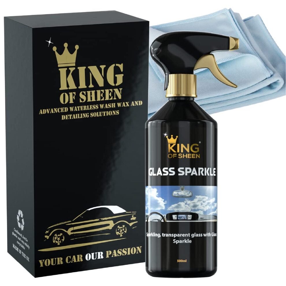 King Of Sheen Glass Sparkle, Glass Cleaner With Professional Tight Weave Microfibre Cloth, Sparkling Transparent Look Effortlessly, 500Ml 5000692218887