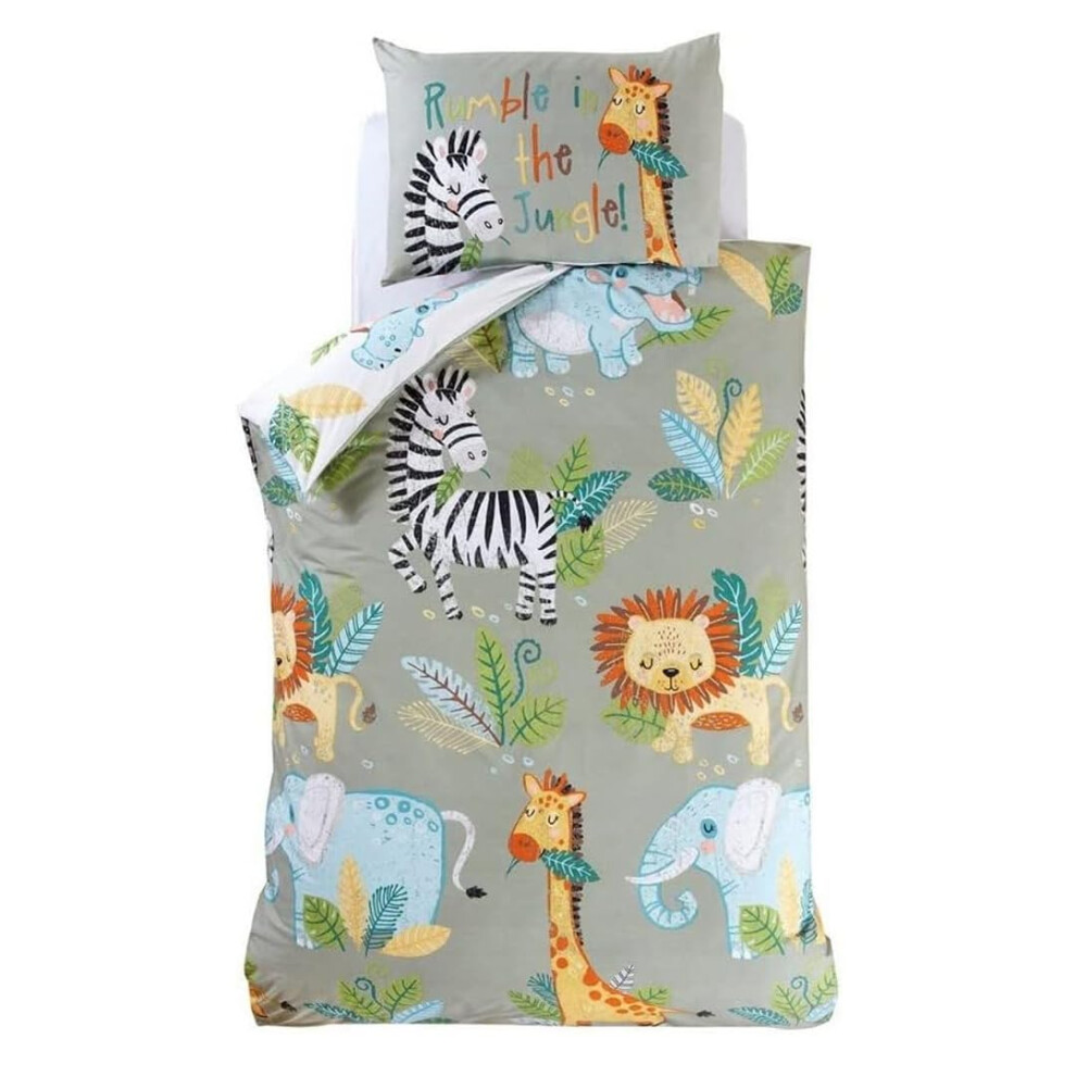 Toddler Duvet Cover & Pillowcase Set - Kids Reversible Bedding - Rumble In The Jungle Animal Print 120X150cm Green Rapport Home