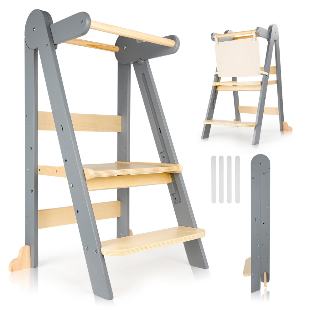 Saafsuim Toddler Learning Tower With Foldable Design, 3-Level Adjustable Height, Safety Guardrail & Anti-Tip Protection - Ideal For Kitchen Counter Helper, Fa