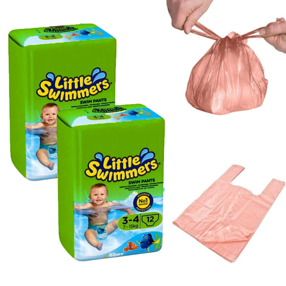 Swim Nappies Size 3-4, With Nappy Bags For Swim Nappy, Little Swimmers, Disposible Swimming Nappies For Babies (7-15Kg) X 24 - Waterproof Nappies Gre Tilz
